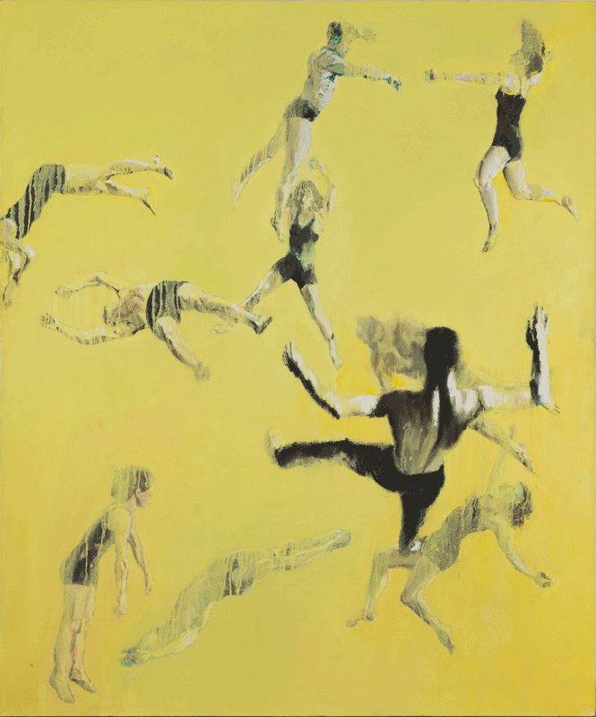Falling, suspended and spinning human figures - Chaotic composition of acrobats in an empty yellow universe